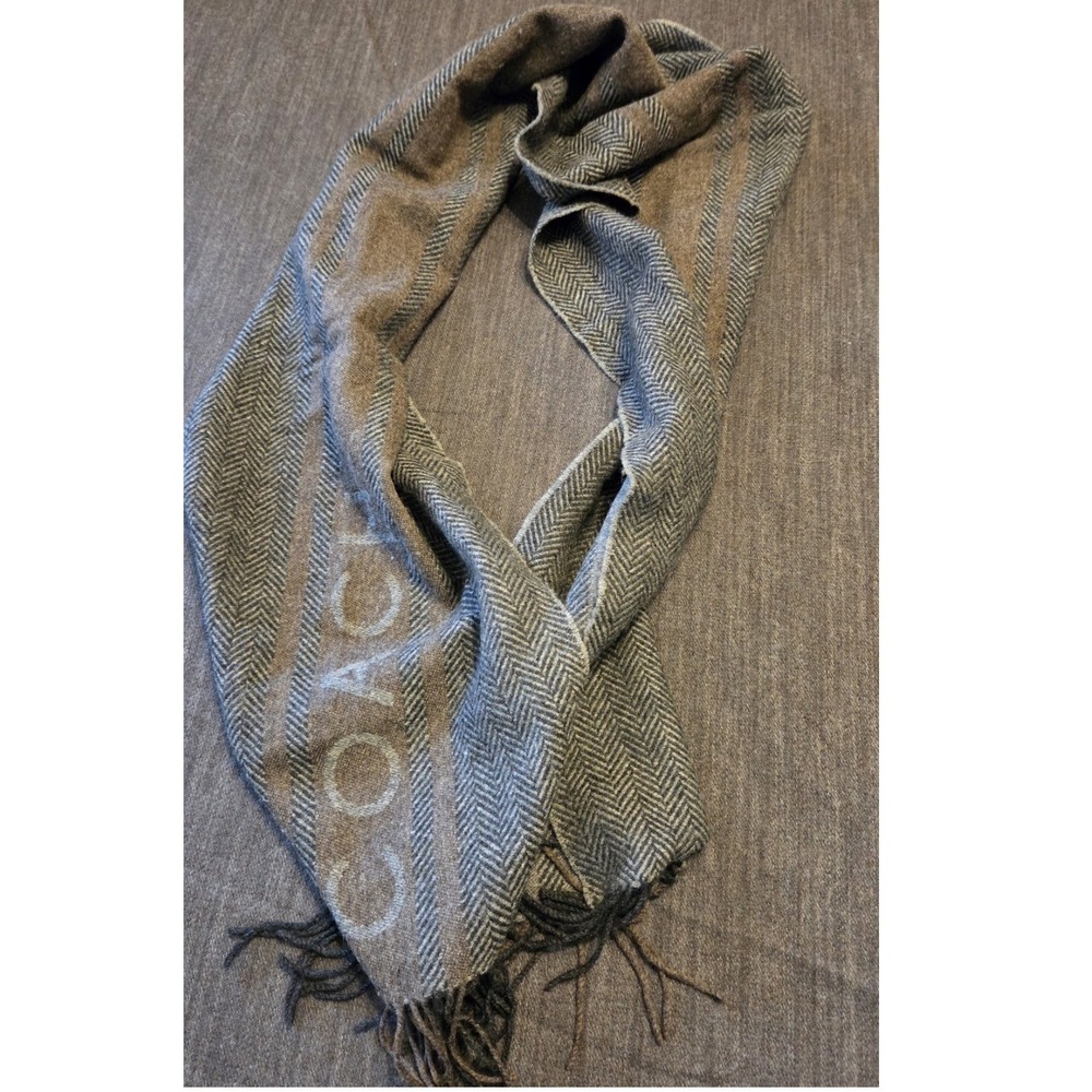Coach Scarf Mens OS Brown Herringbone Wool Cashmere Blend Fringe Logo Winter
